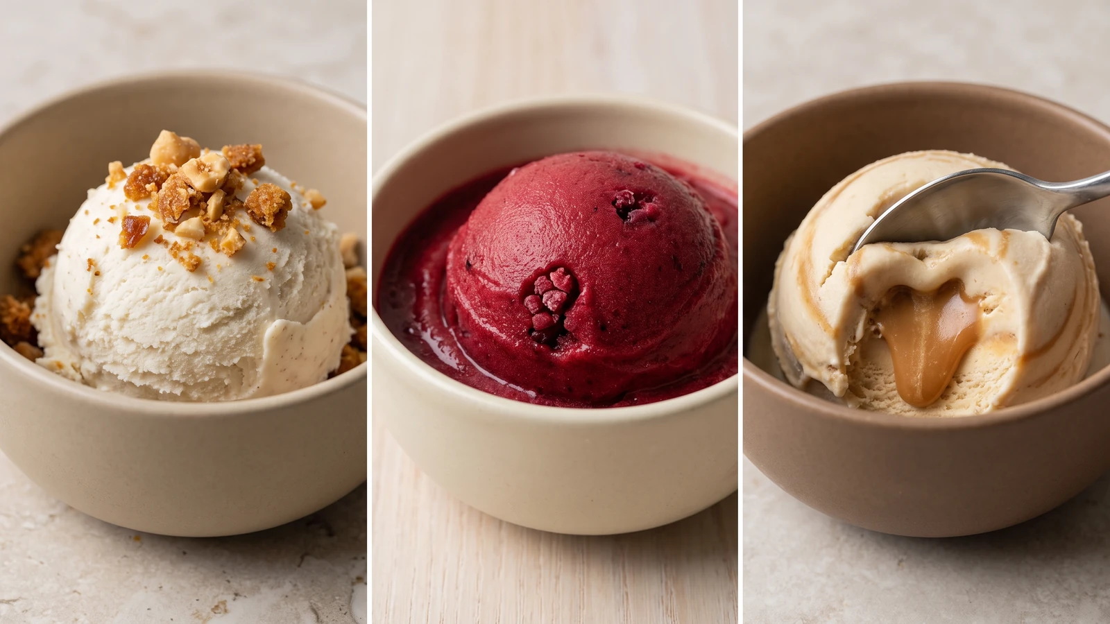 Texturas cremosas, crocantes e recheadas em diferentes sorvetes gourmet.