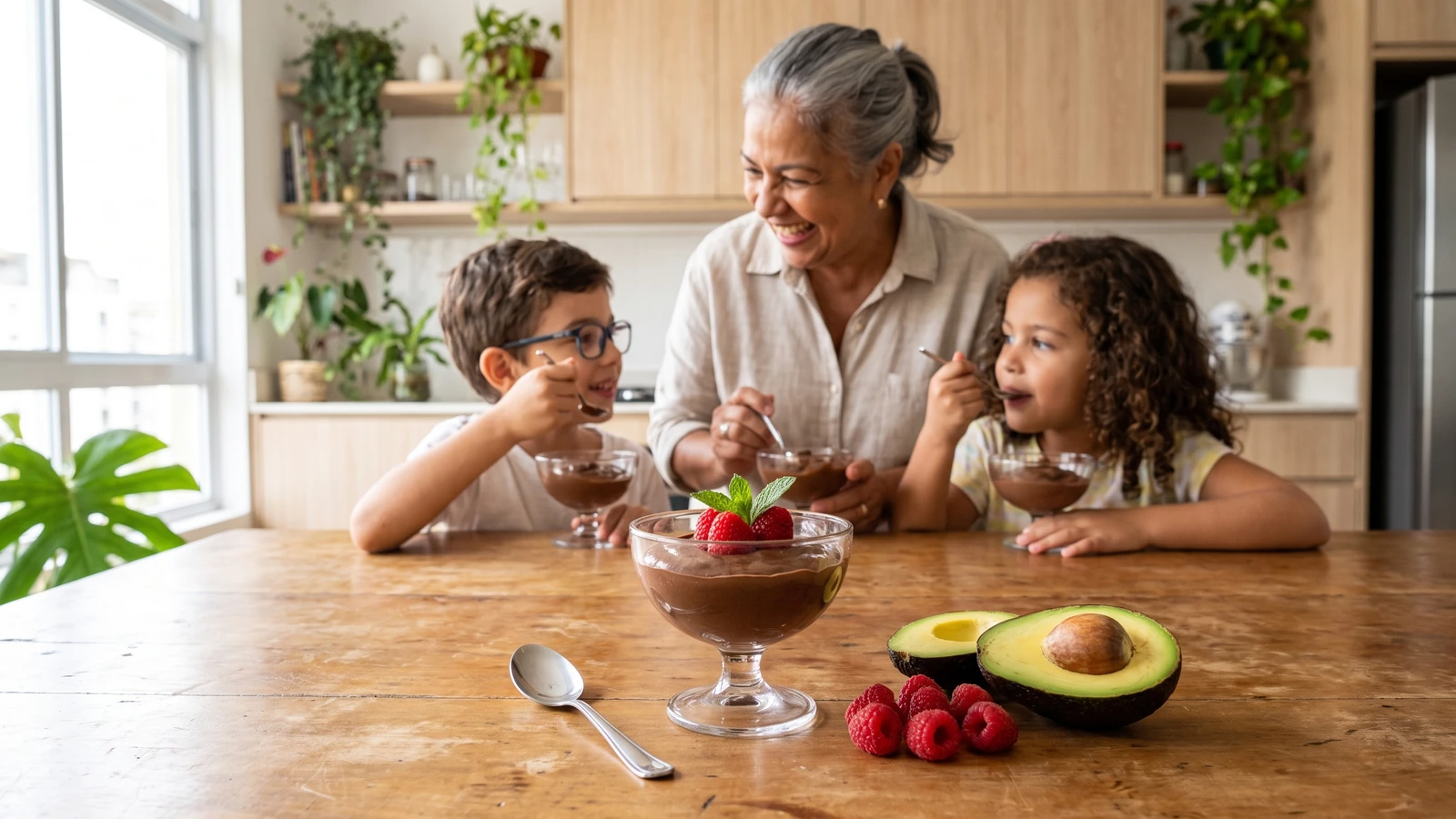 Mousse de chocolate sem açúcar com abacate, framboesas e hortelã