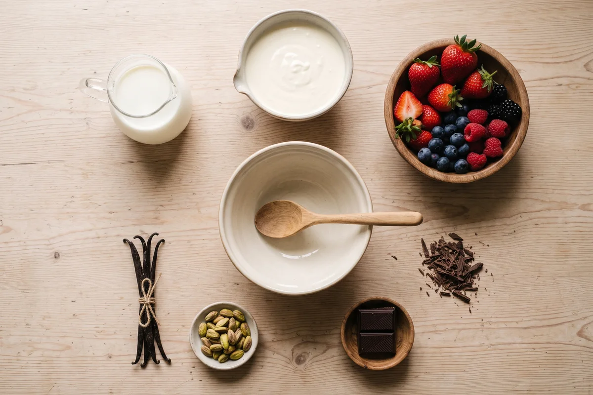 Ingredientes como leite, frutas, baunilha e chocolate preparados para uma receita de sorvete artesanal