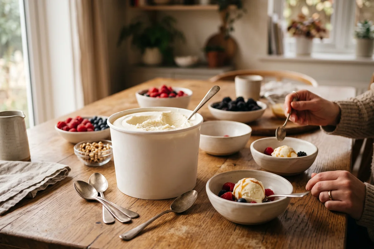 Pote de sorvete servido em uma mesa com colheres e sobremesas para compartilhar
