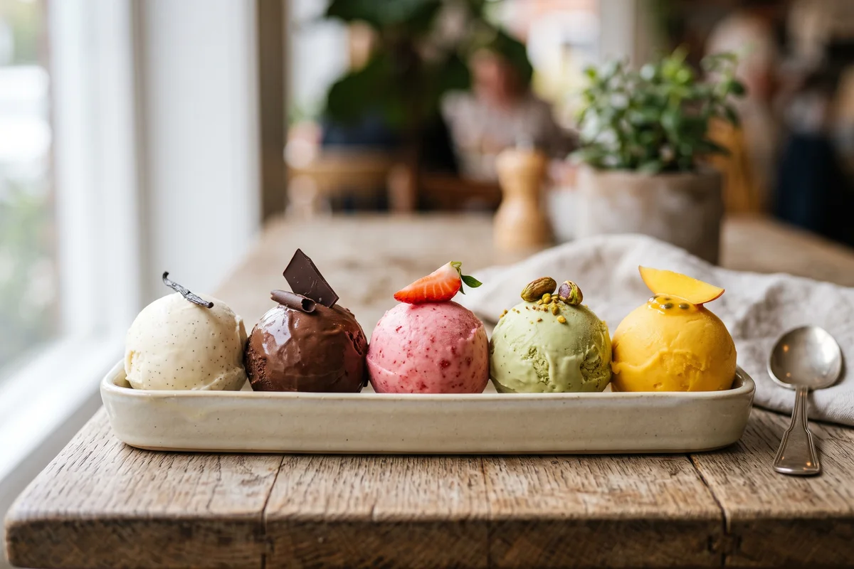 Variedade de sabores de sorvete com baunilha, chocolate, morango, pistache e frutas tropicais
