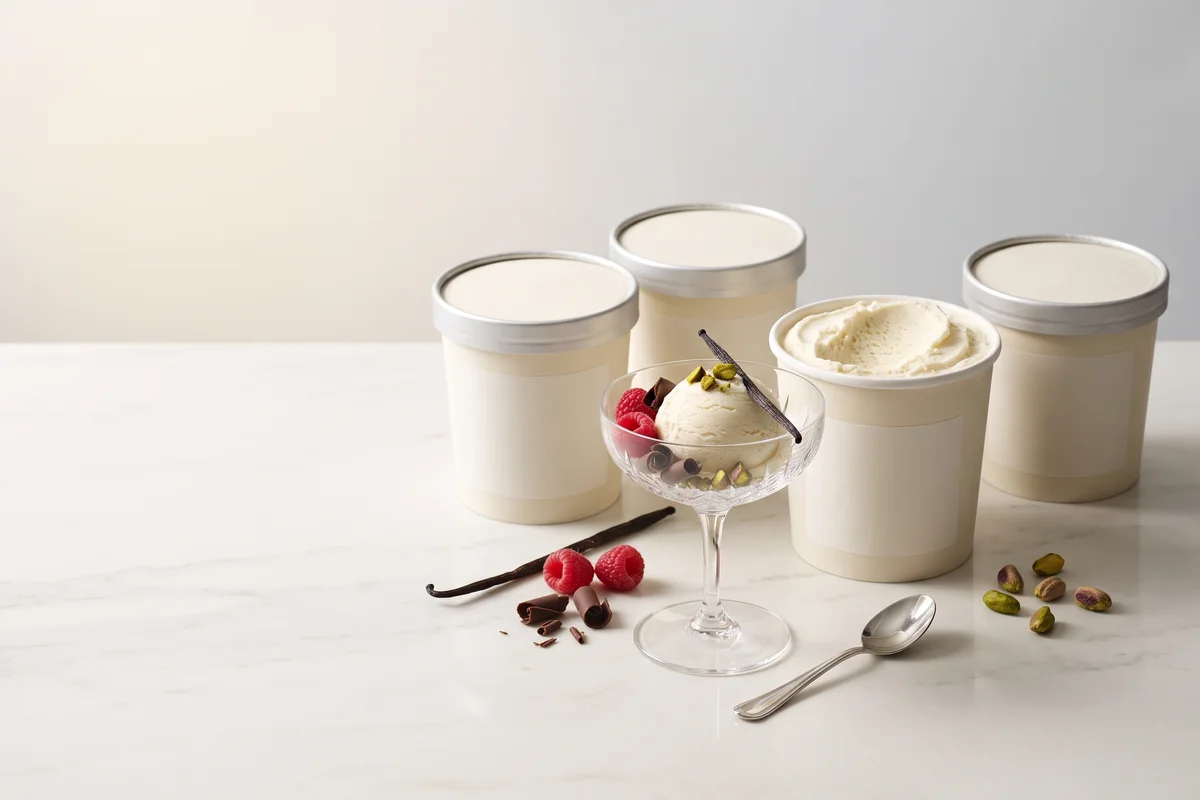 Produtos Gelimo em composição premium com diferentes sabores de sorvete