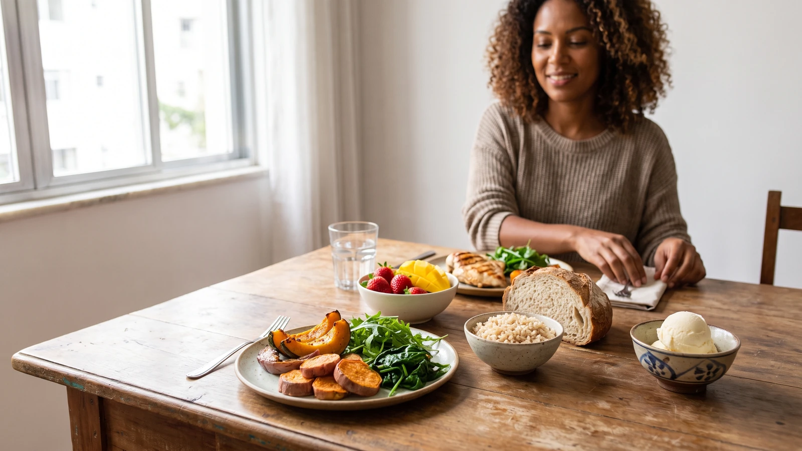 Mesa com uma refeição equilibrada de vegetais, grãos, frutas e uma pequena sobremesa ao lado