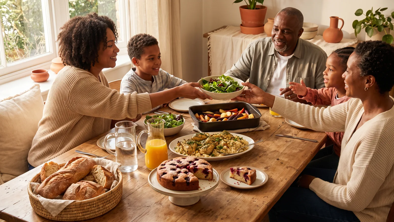 Mesa farta de jantar em família com saladas, pratos principais, pão e uma sobremesa no mesmo espaço