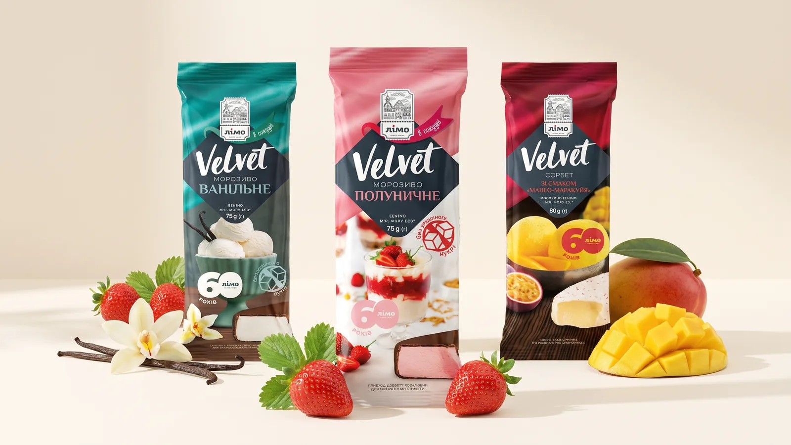 Gelimo Velvet Morango Zero, Velvet Baunilha Zero e Velvet Manga Mix Sorbete da Linha Fit