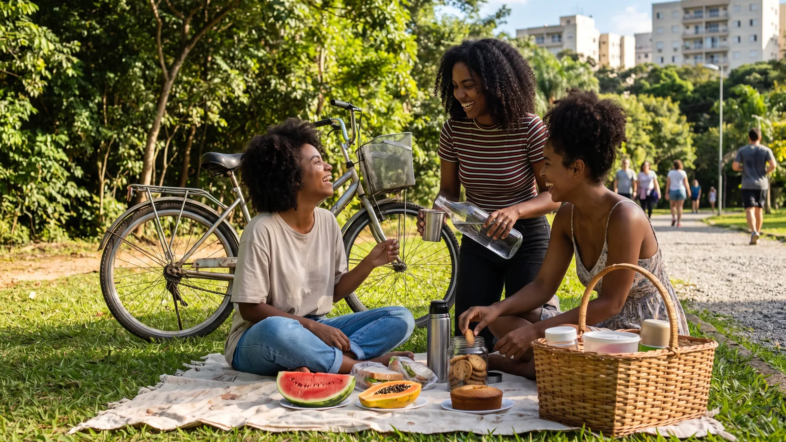 Amigos sentados em uma manta no parque, com bicicleta ao lado, comida simples e conversa descontraída