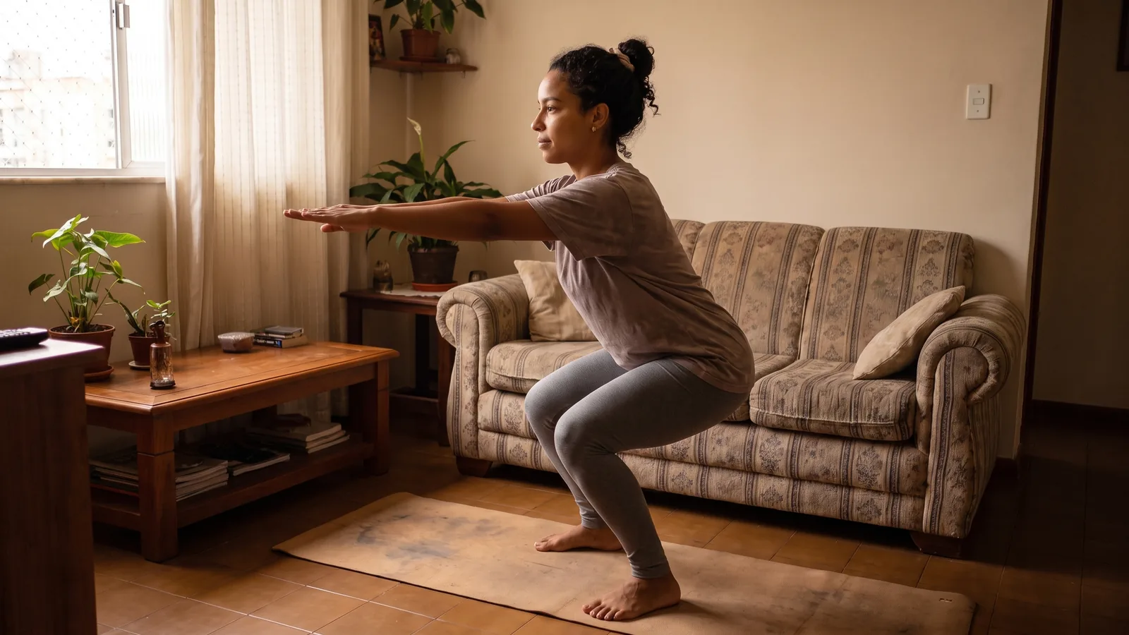 Agachamento com peso corporal para treino de pernas em casa