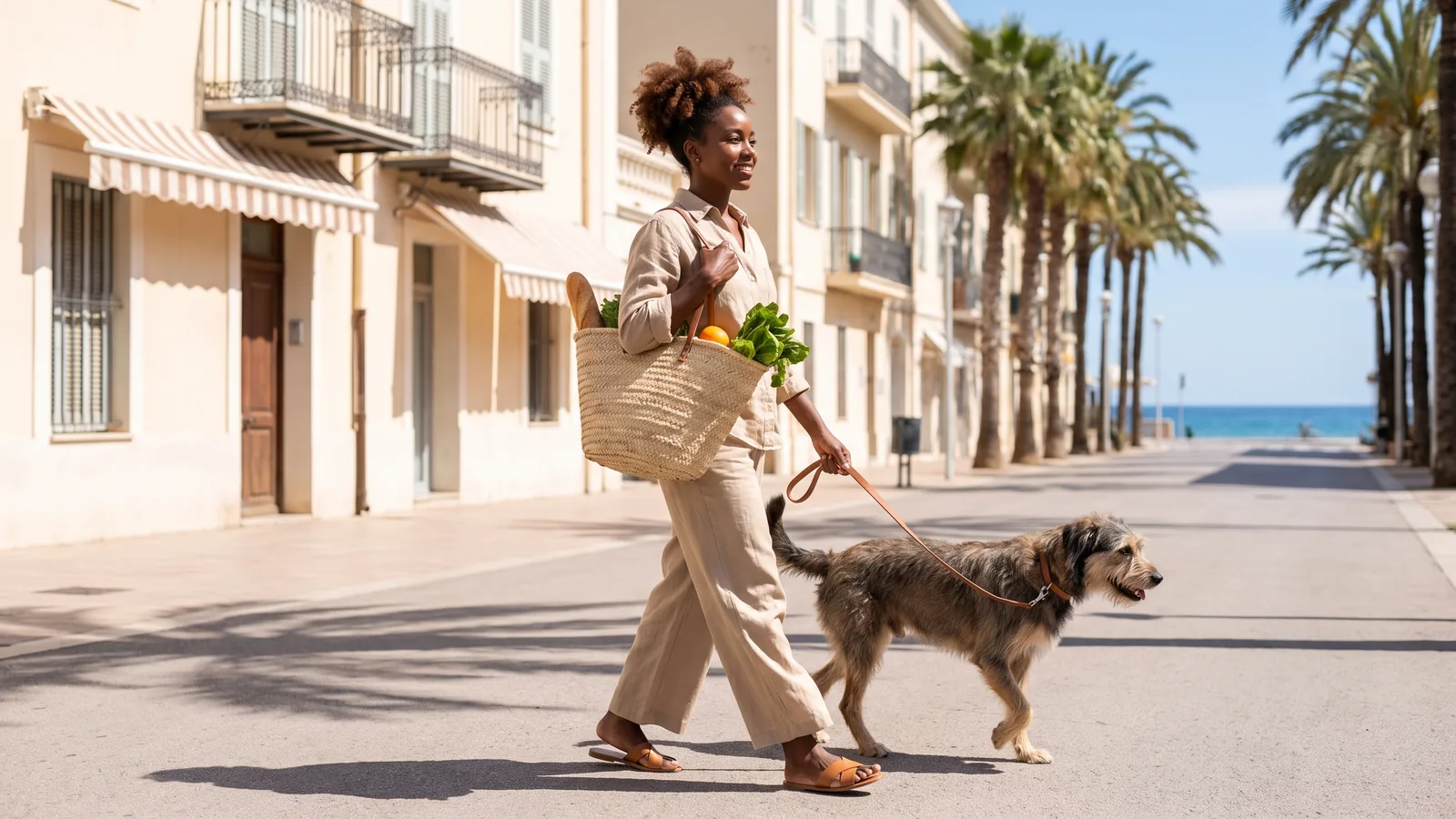 Mulher negra caminhando em uma cidade ensolarada, representando um estilo de vida saludable com movimento, descanso e equilíbrio.