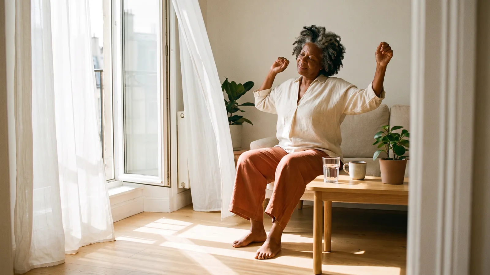 Mulher negra começando o dia com movimento leve e um momento de bem-estar, representando um healthy lifestyle equilibrado.