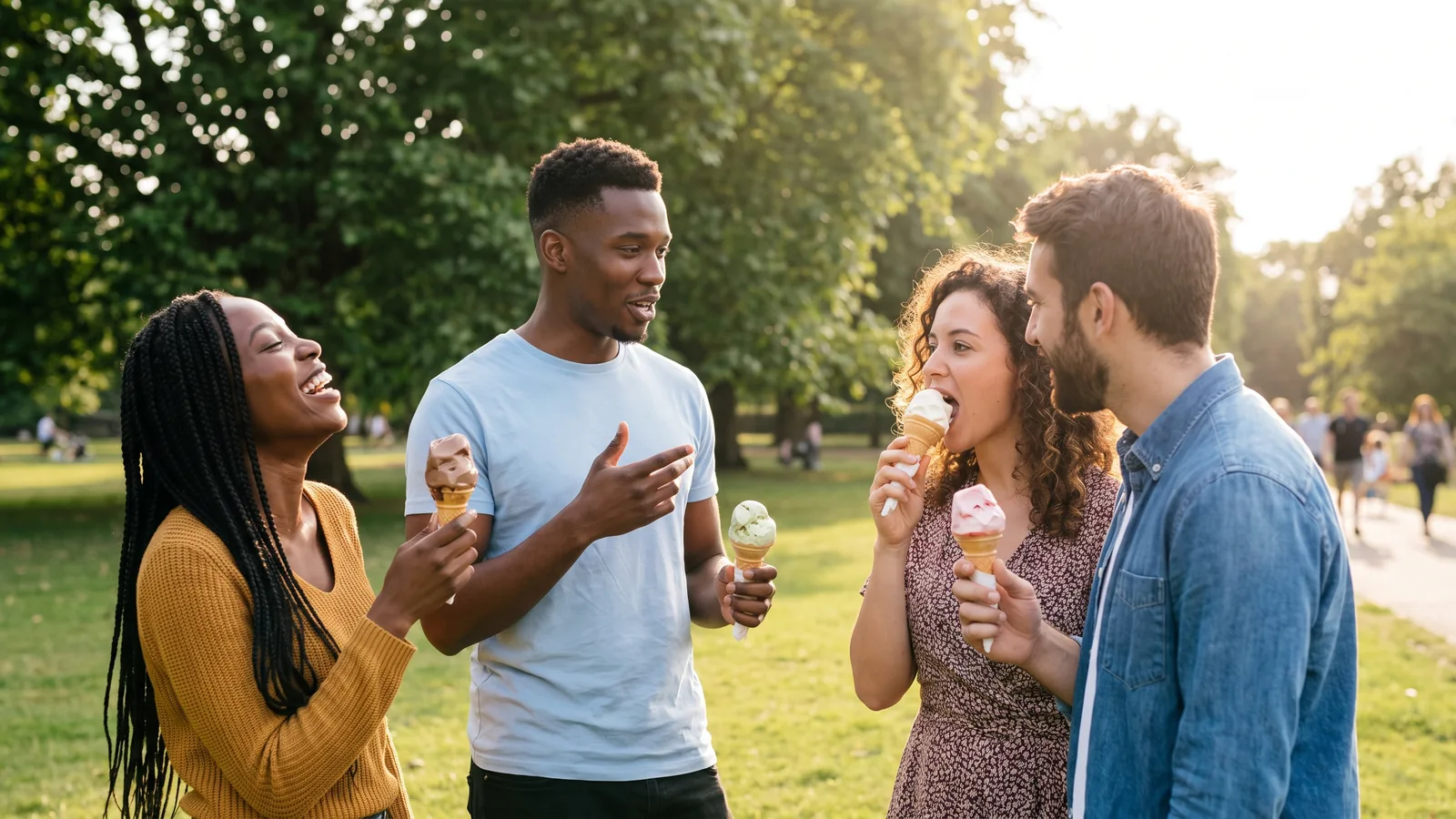 Amigos de diferentes perfis desfrutando de sorvete Gelimo durante um momento leve e agradável ao ar livre.