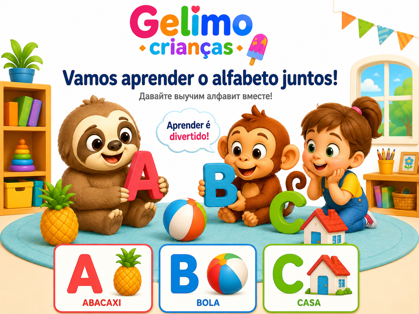 Criança aprendendo o alfabeto em português com mascotes educativos e letras coloridas.