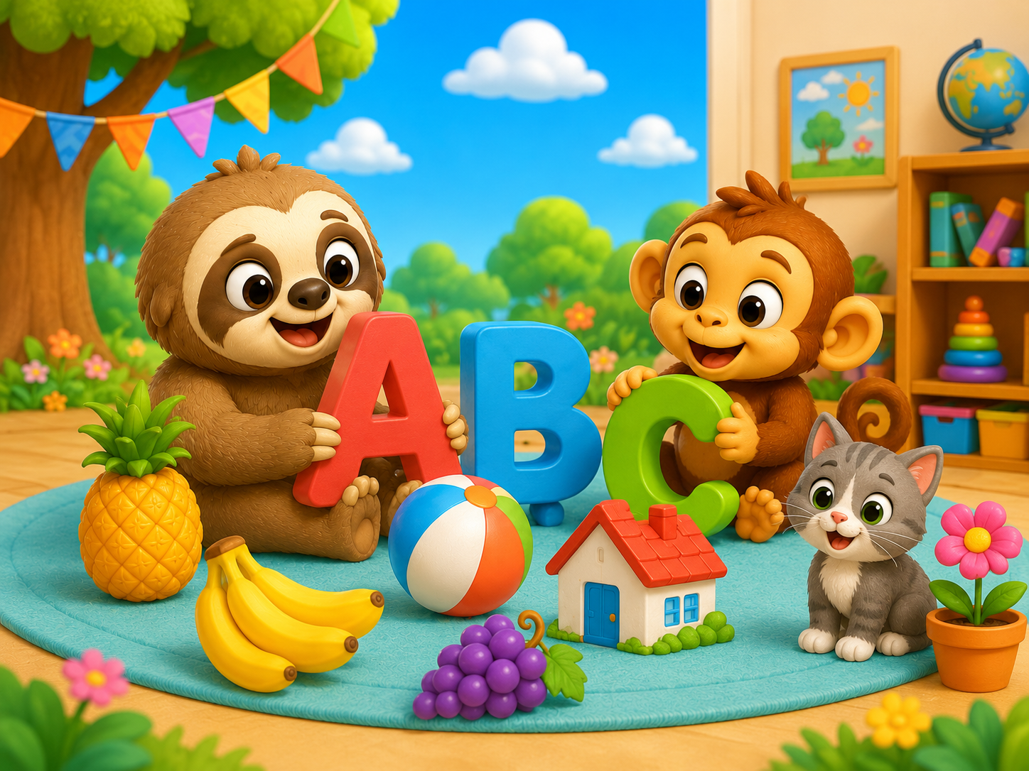 Alfabeto em português para crianças com letras coloridas, mascotes educativos e atividade de ABC para crianças.