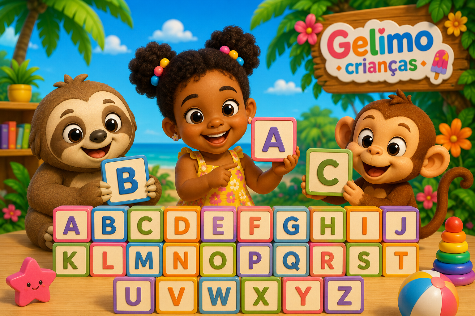 Letras do alfabeto para crianças com atividade interativa para aprender português brincando.